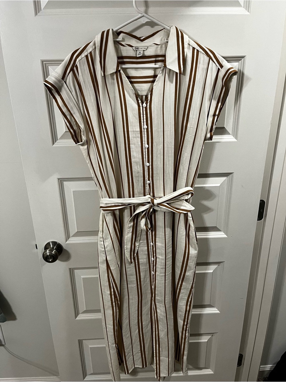 Cato Cream & Brown Striped Midi Shirt Dress with Tie Belt